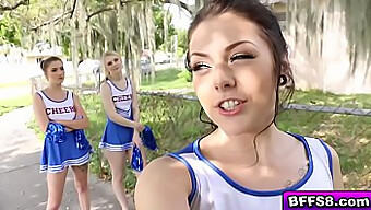 Horny Cheerleaders Take Turns Giving A Big Cock A Blowjob